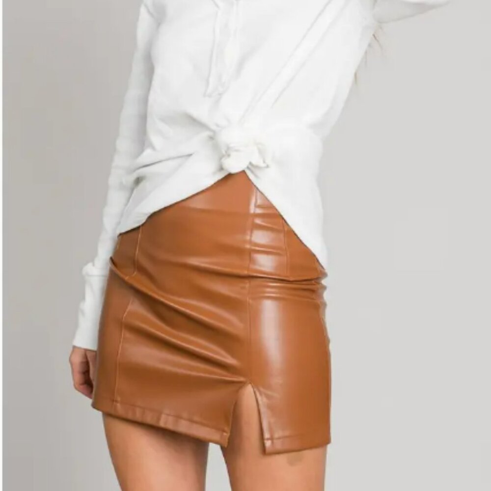 Heyson Stretchy Zippered Faux Leather Skirt - Chestnut